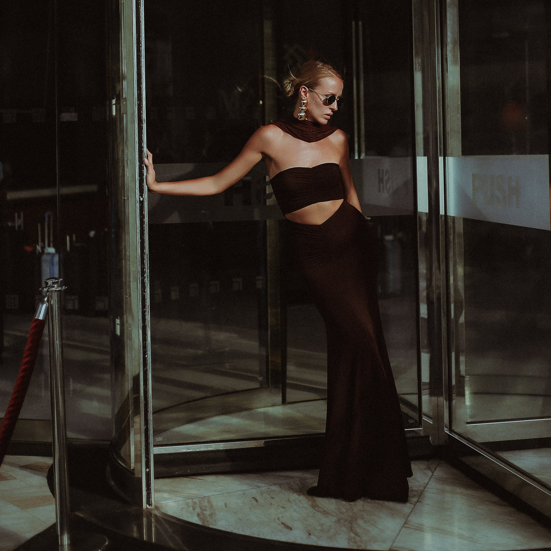 Audley Ruched Fishtail Maxi Dress in Chocolate, Legacy London