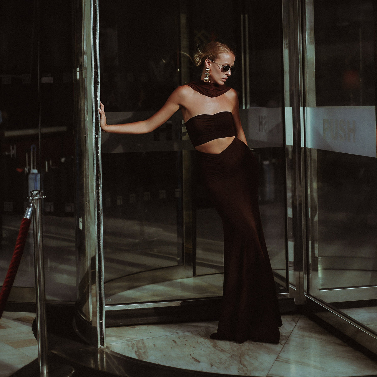 Audley Ruched Fishtail Maxi Dress in Chocolate, Legacy London