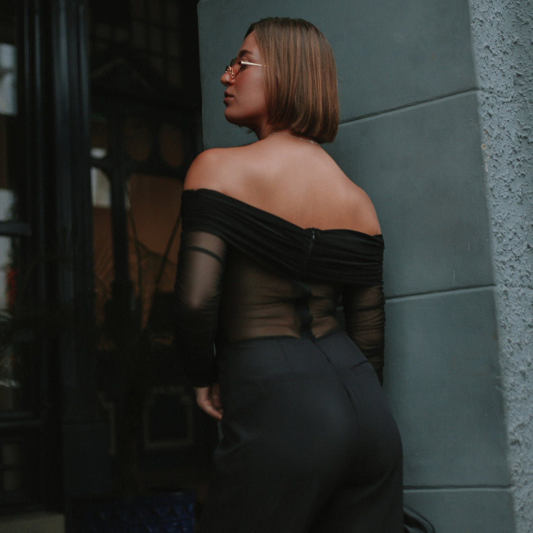 Davies Mesh Bodysuit & Tailored Trousers in Black, Legacy London
