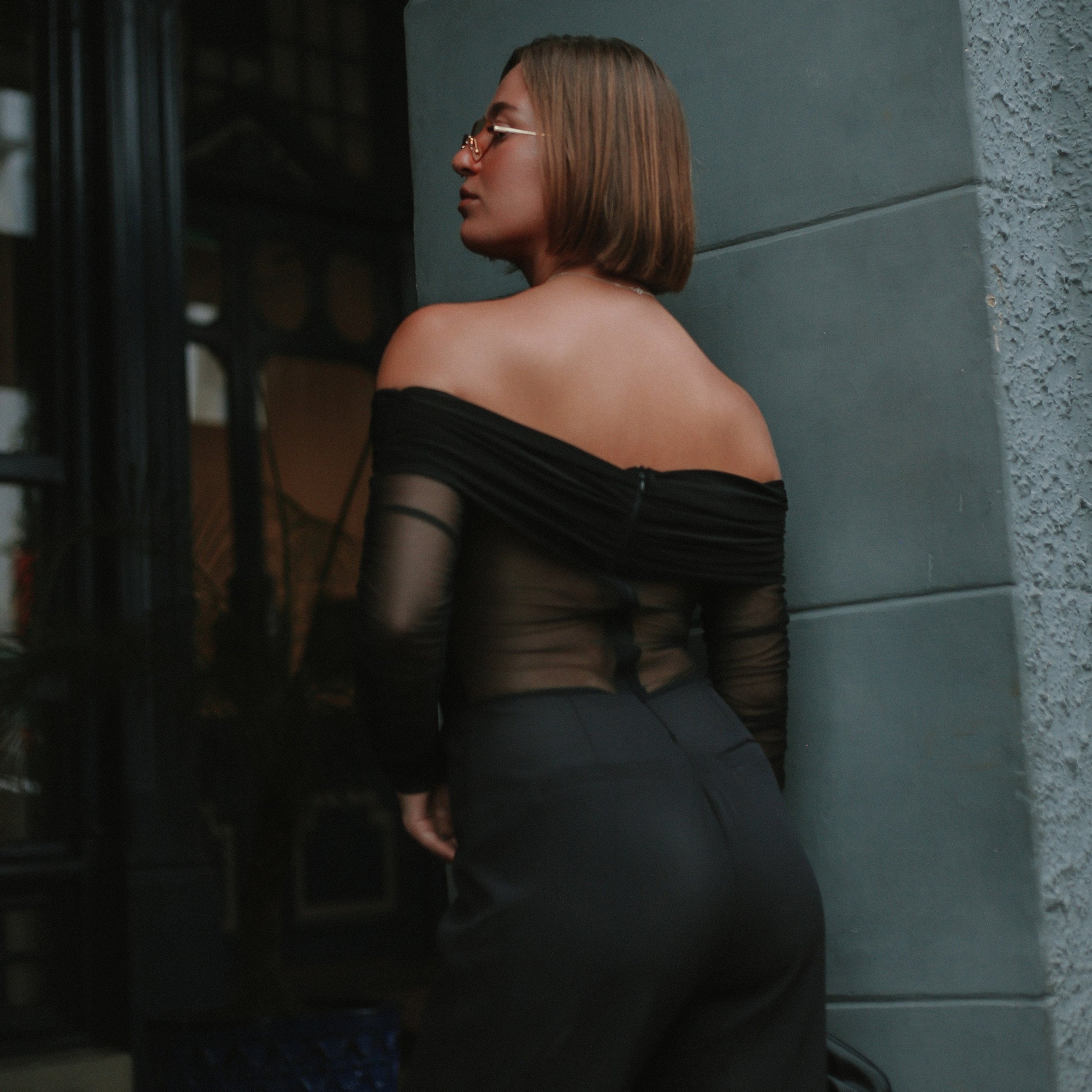 Davies Mesh Bodysuit & Tailored Trousers in Black, Legacy London