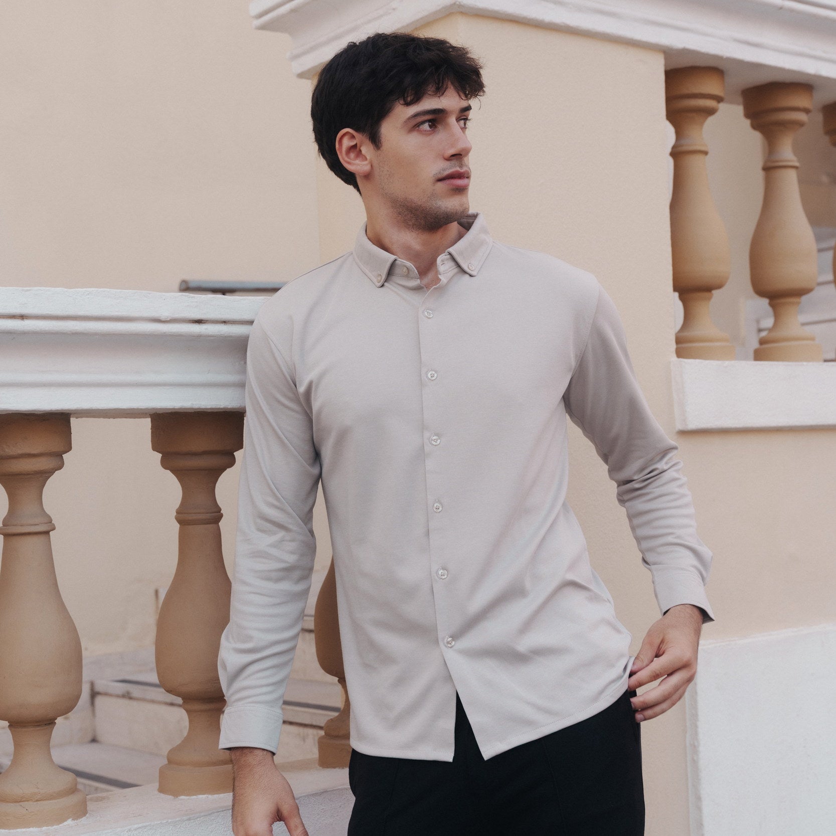 Forma Long-Sleeved Knit Shirt in Off White, Legacy London