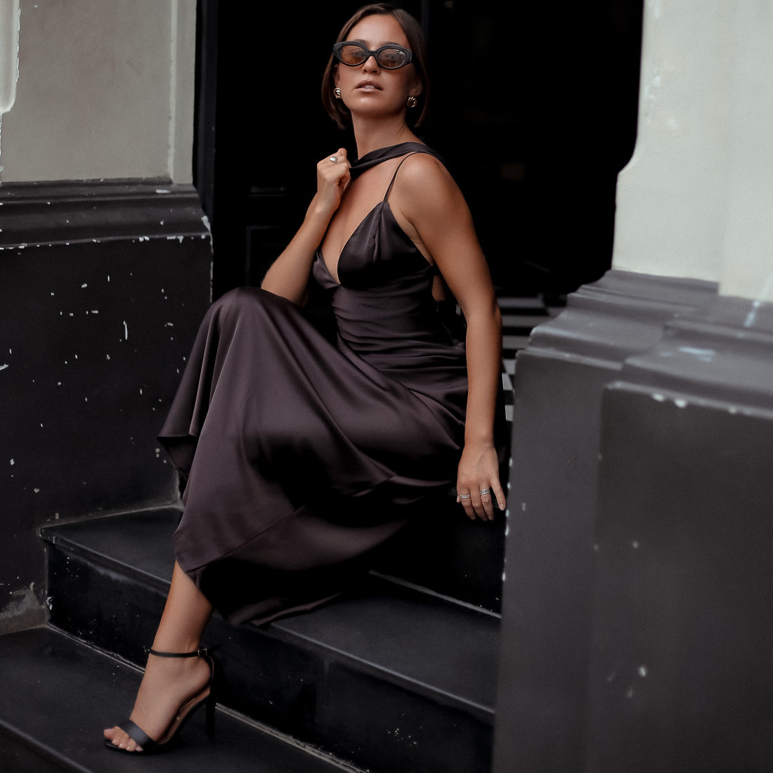 Mount Street Satin Scarf-Neck Maxi Dress in Dark Wine, Legacy London