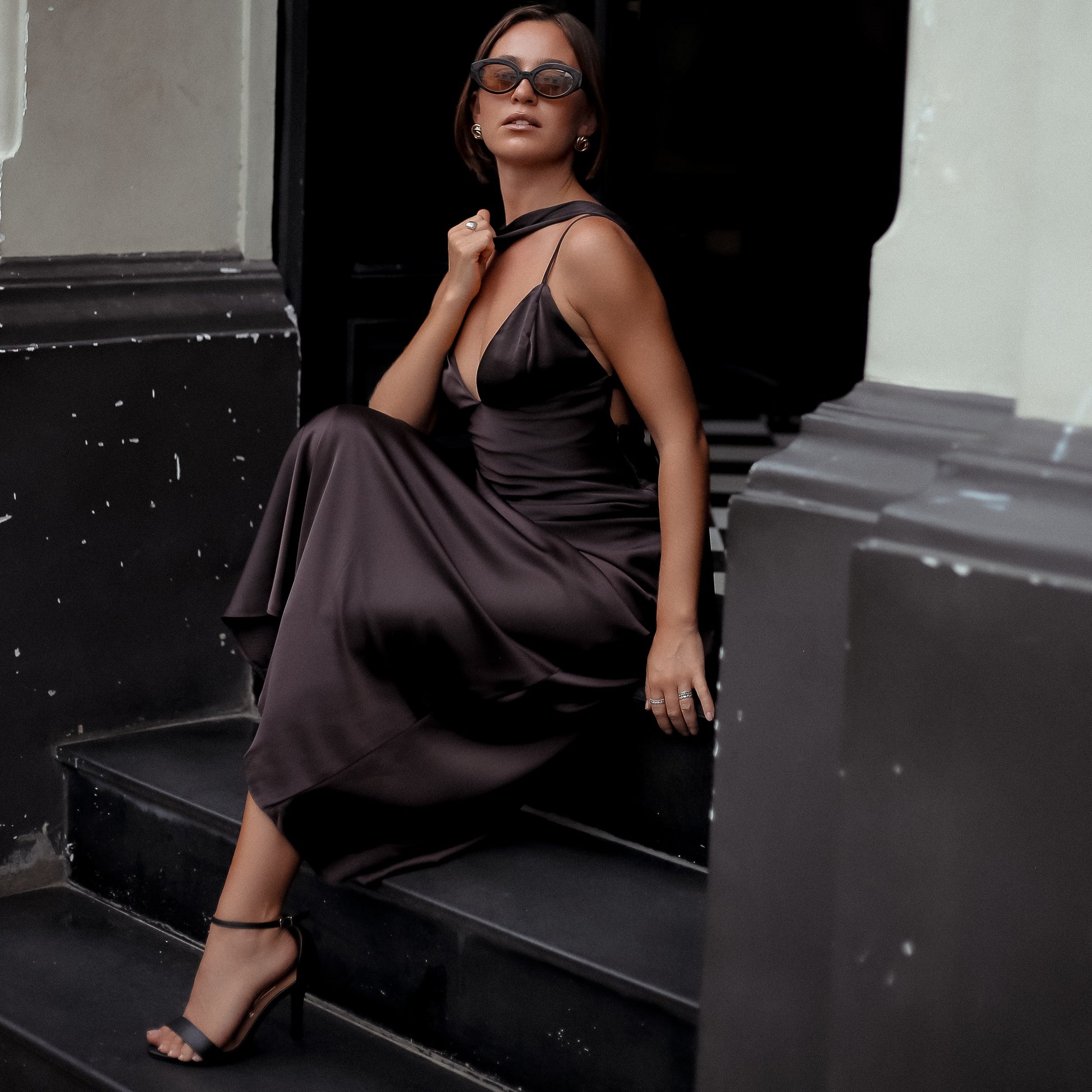 Mount Street Satin Scarf-Neck Maxi Dress in Dark Wine, Legacy London