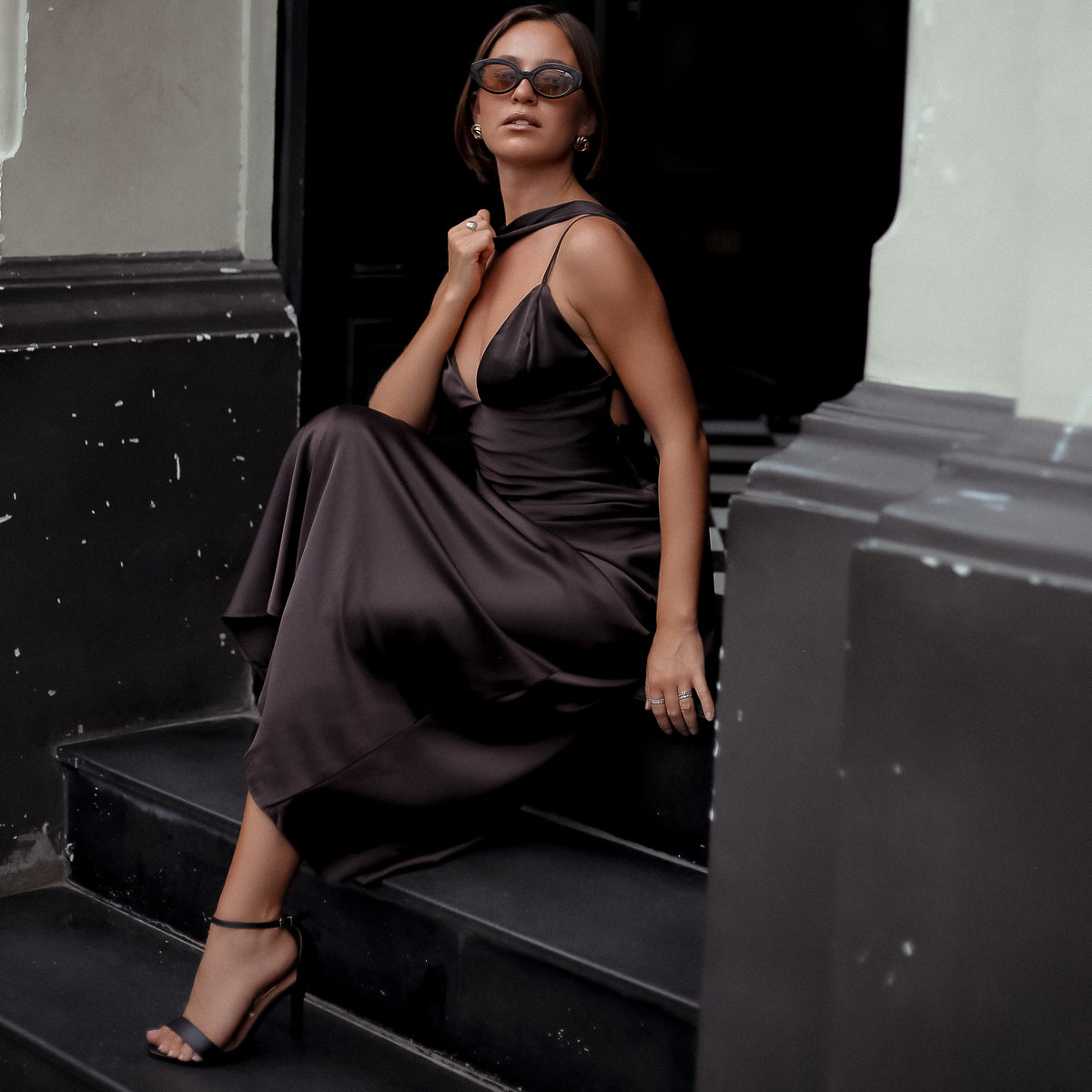 Mount Street Satin Scarf-Neck Maxi Dress in Dark Wine, Legacy London