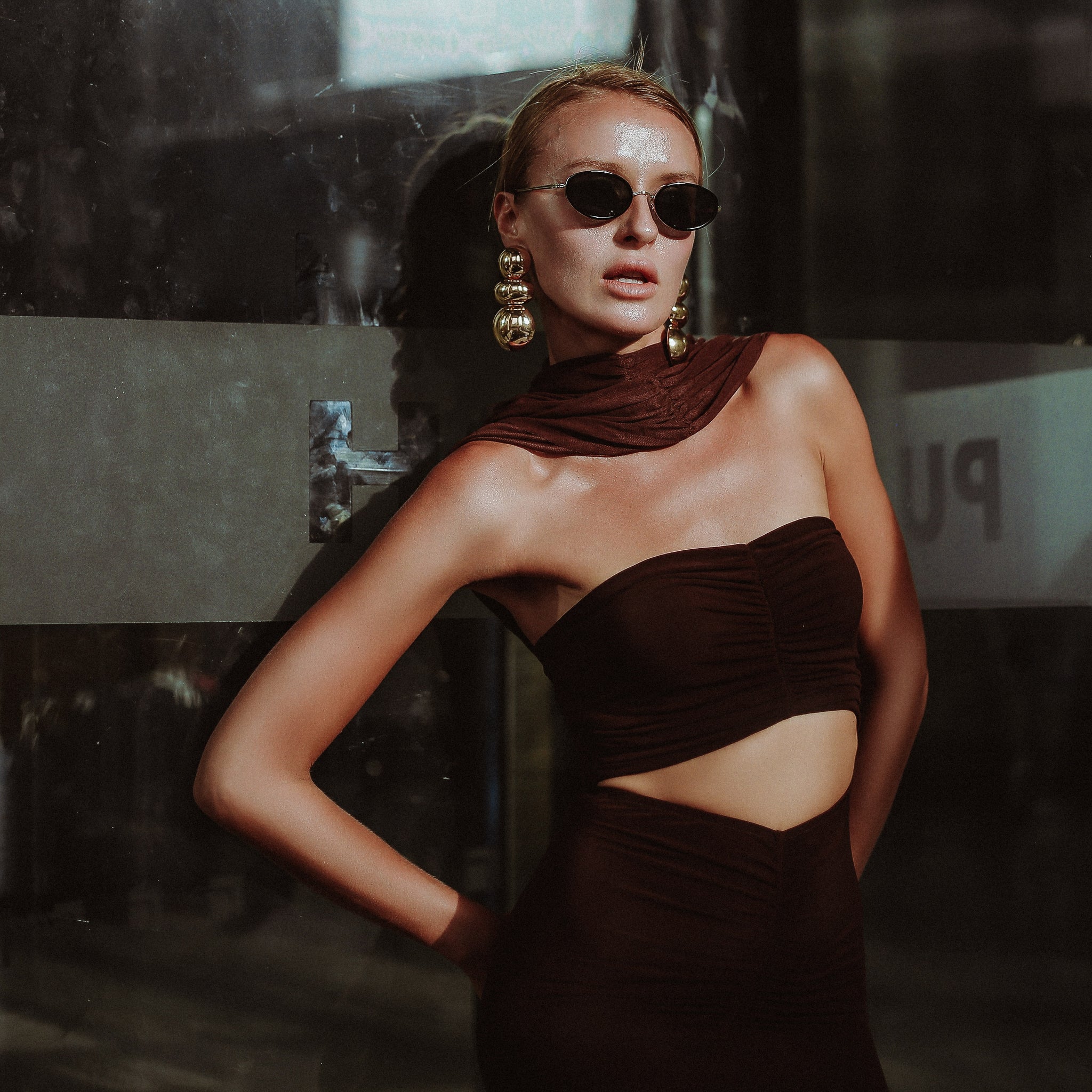 Audley Ruched Fishtail Maxi Dress in Chocolate, Legacy London