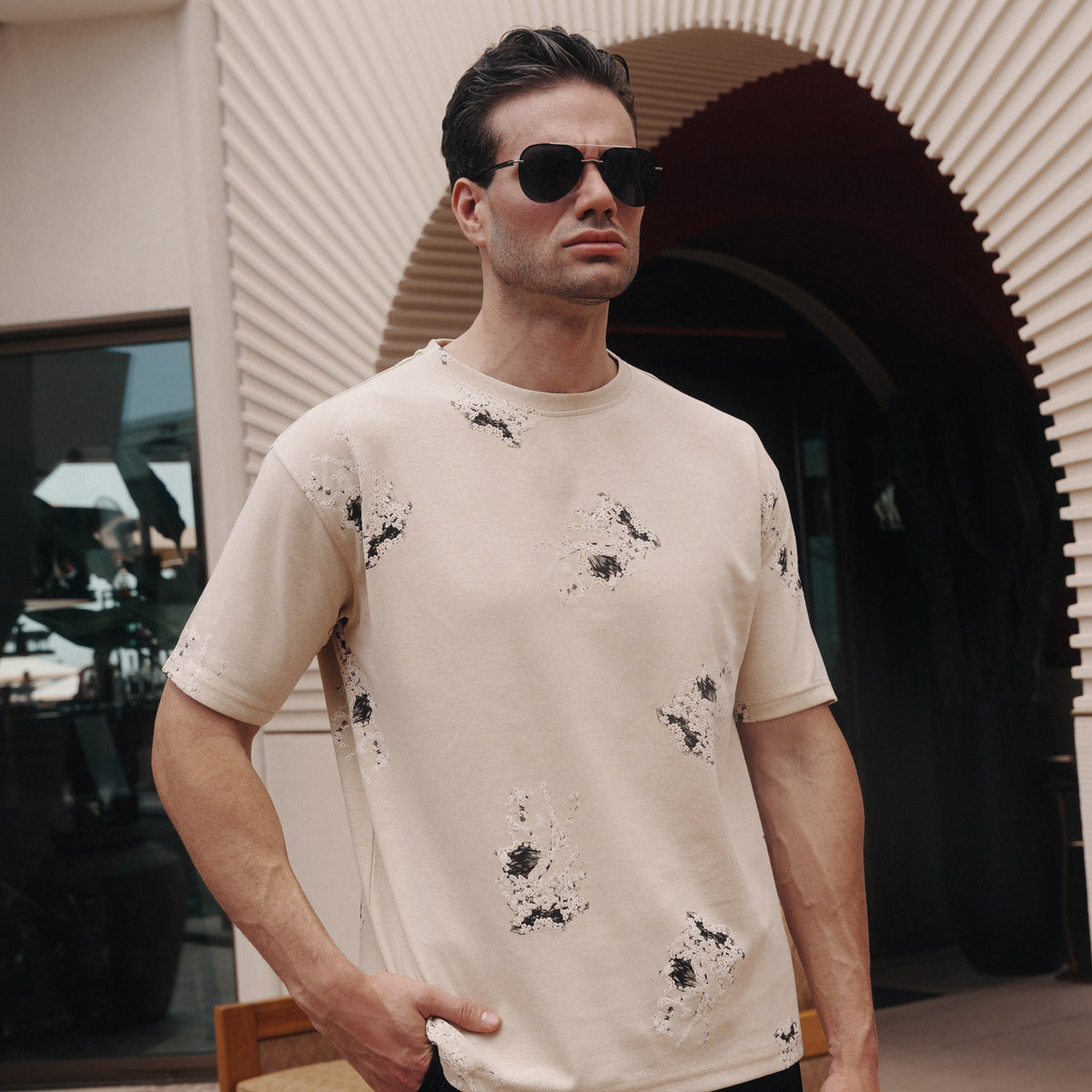 Legacy Abstract Print Oversized Tee in Honey Beige, Legacy London