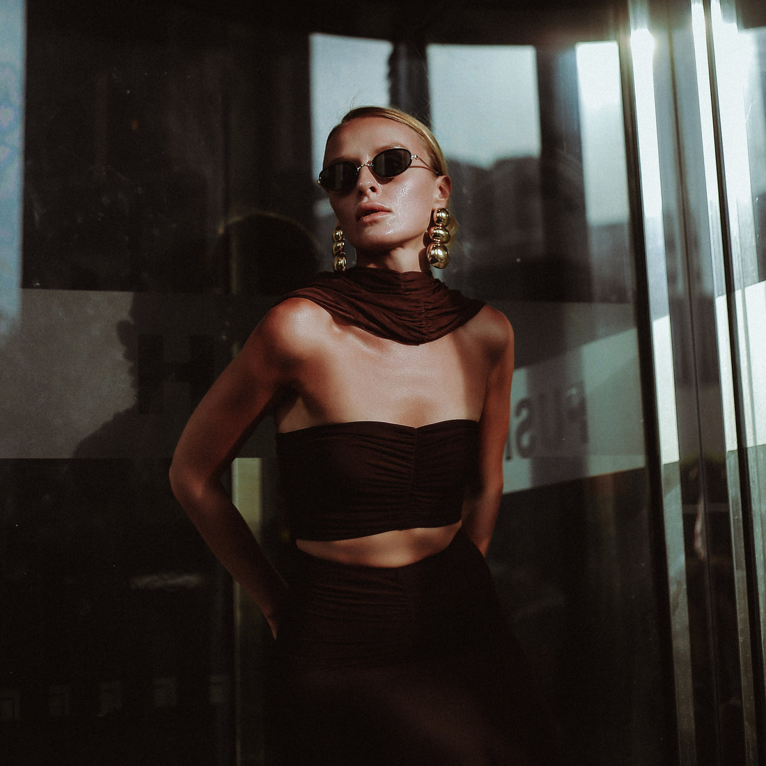 Audley Ruched Fishtail Maxi Dress in Chocolate, Legacy London