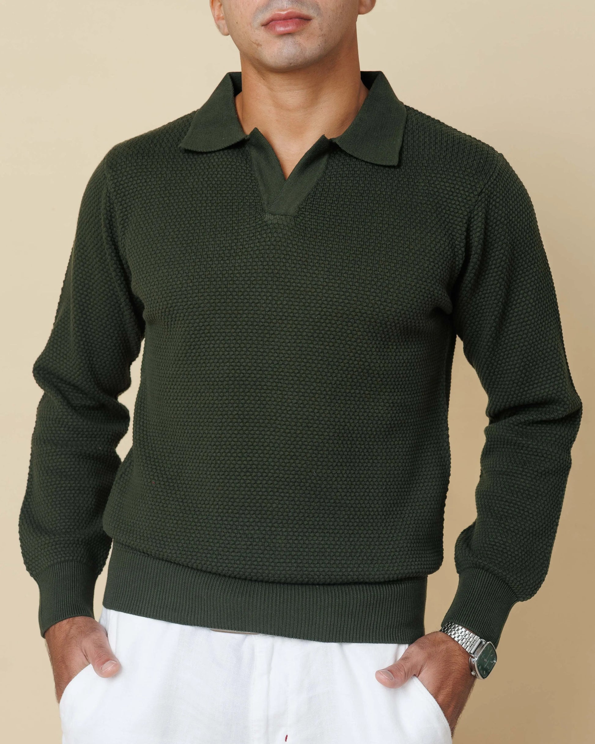 All-Season Popcorn Knit Long Sleeve Polo Olive-Green-XL - Legacy London