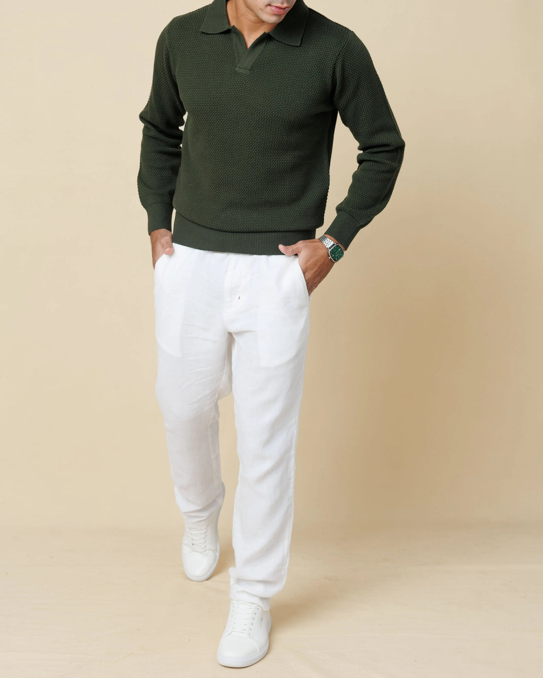 All-Season Popcorn Knit Long Sleeve Polo  - Legacy London