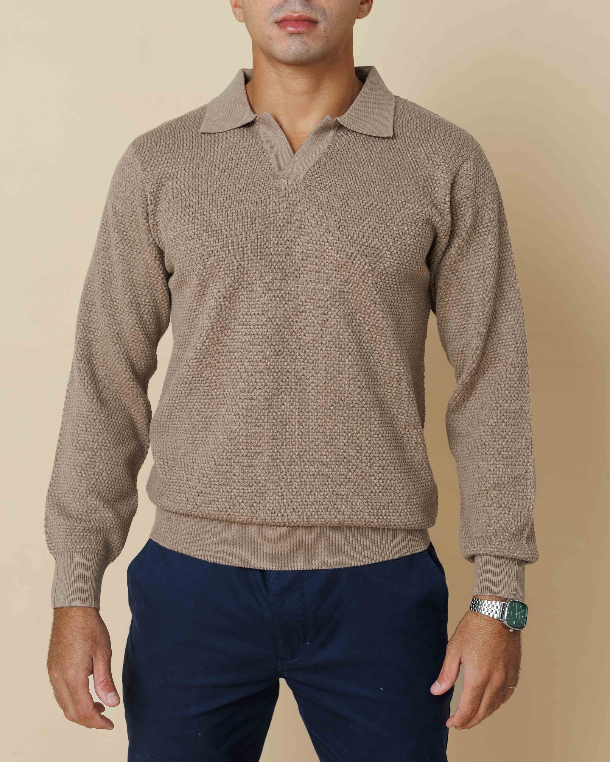 All-Season Popcorn Knit Long Sleeve Polo  - Legacy London