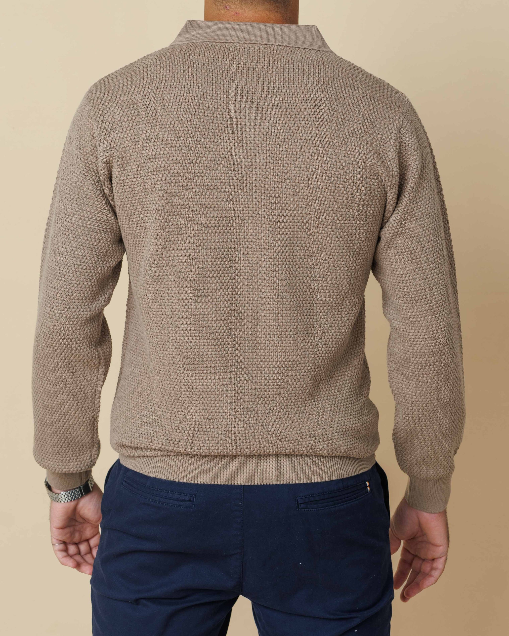 All-Season Popcorn Knit Long Sleeve Polo  - Legacy London
