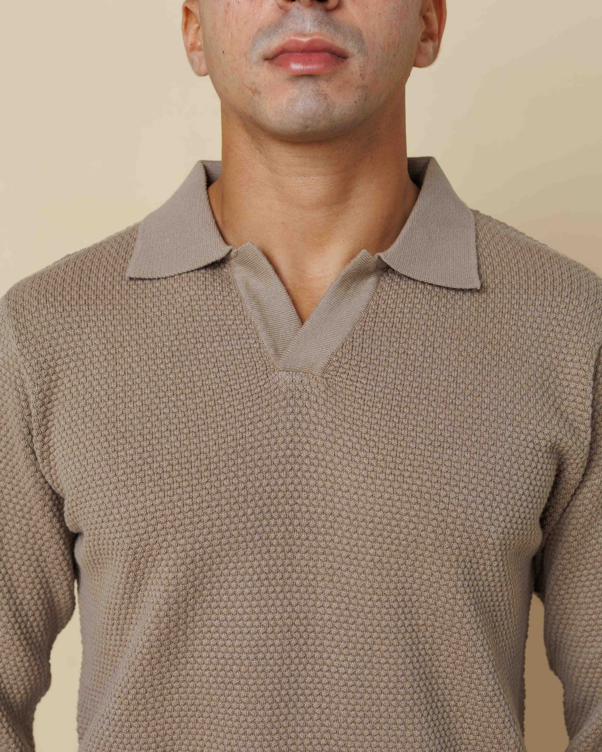 All-Season Popcorn Knit Long Sleeve Polo  - Legacy London