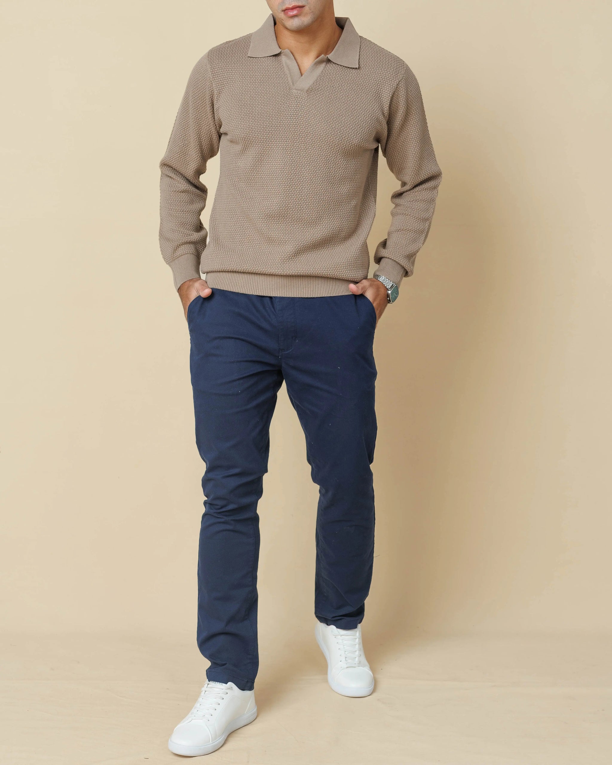 All-Season Popcorn Knit Long Sleeve Polo  - Legacy London