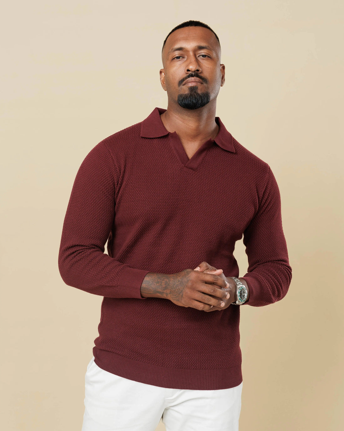 All-Season Popcorn Knit Long Sleeve Polo Wine-XL - Legacy London