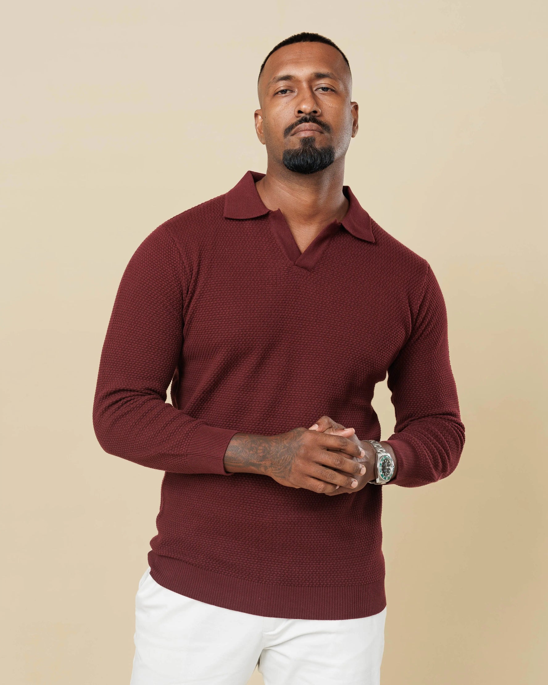 All-Season Popcorn Knit Long Sleeve Polo Wine-XL - Legacy London