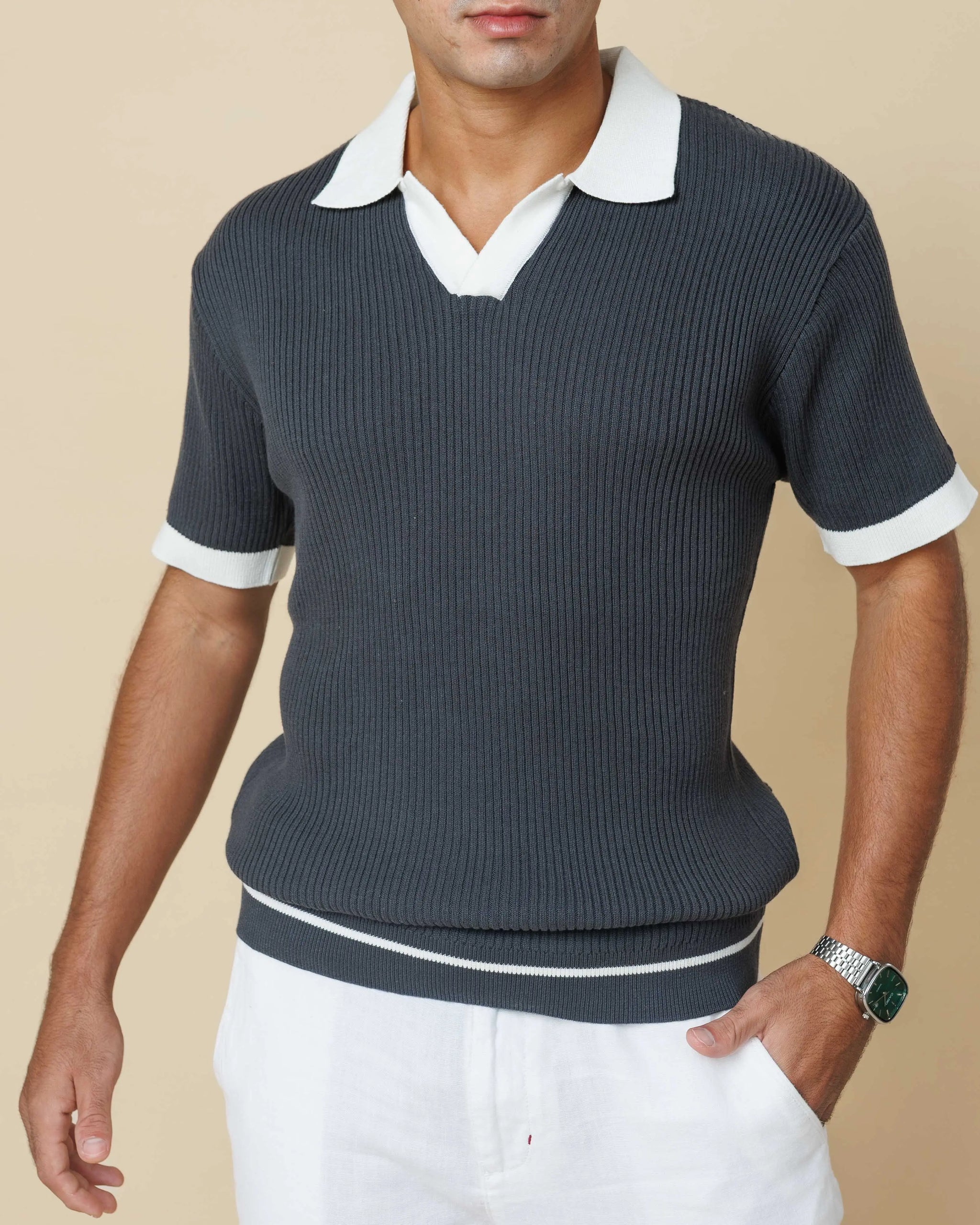 Contrast Knit Johnny Collar Polo  - Legacy London