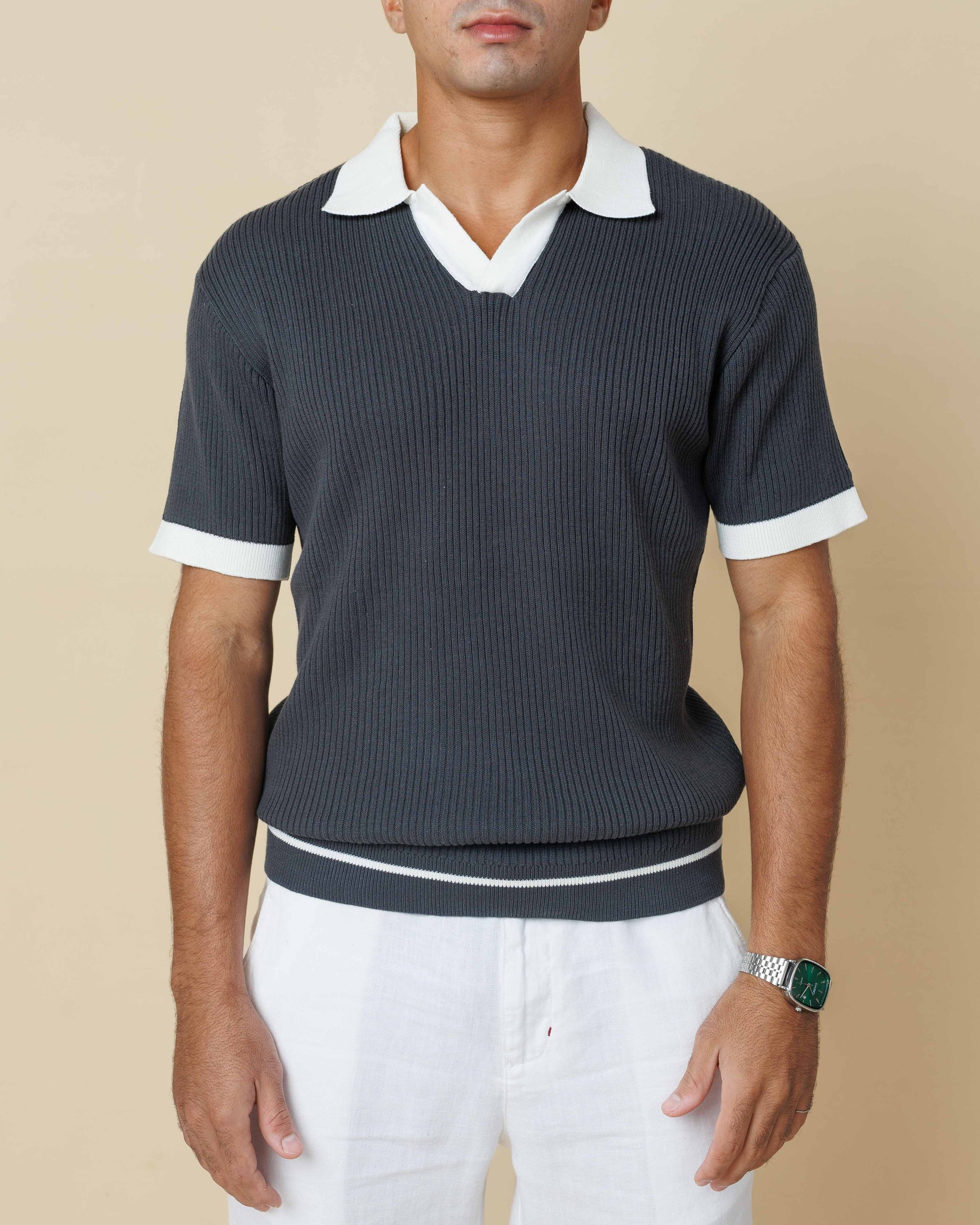 Contrast Knit Johnny Collar Polo  - Legacy London