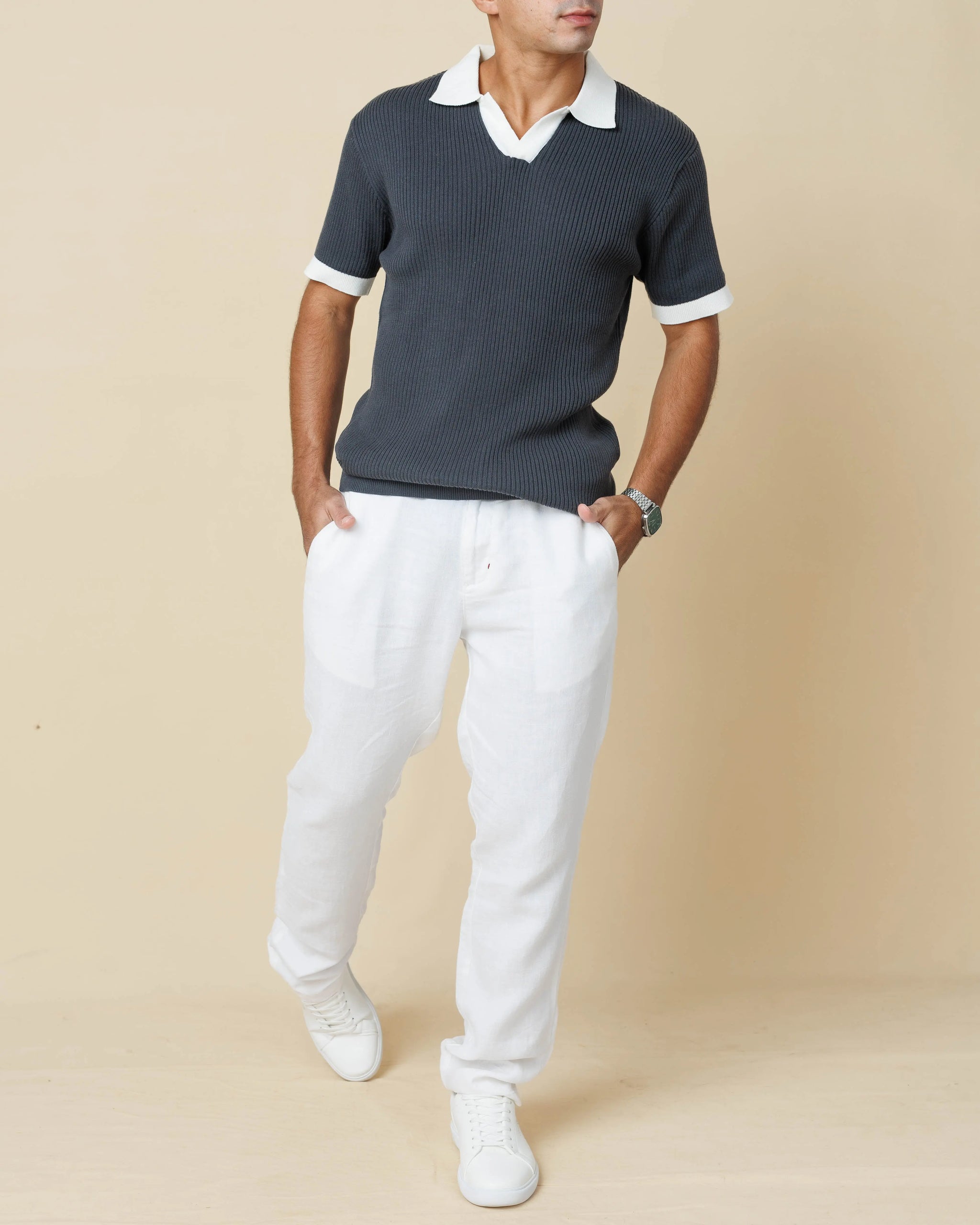 Contrast Knit Johnny Collar Polo  - Legacy London