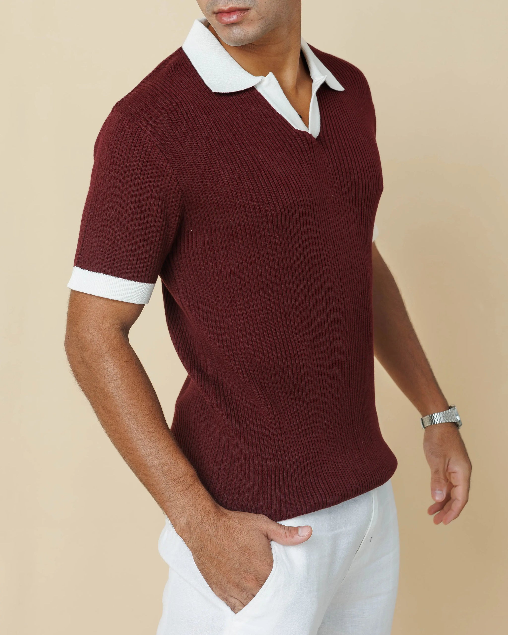 Contrast Knit Johnny Collar Polo  - Legacy London