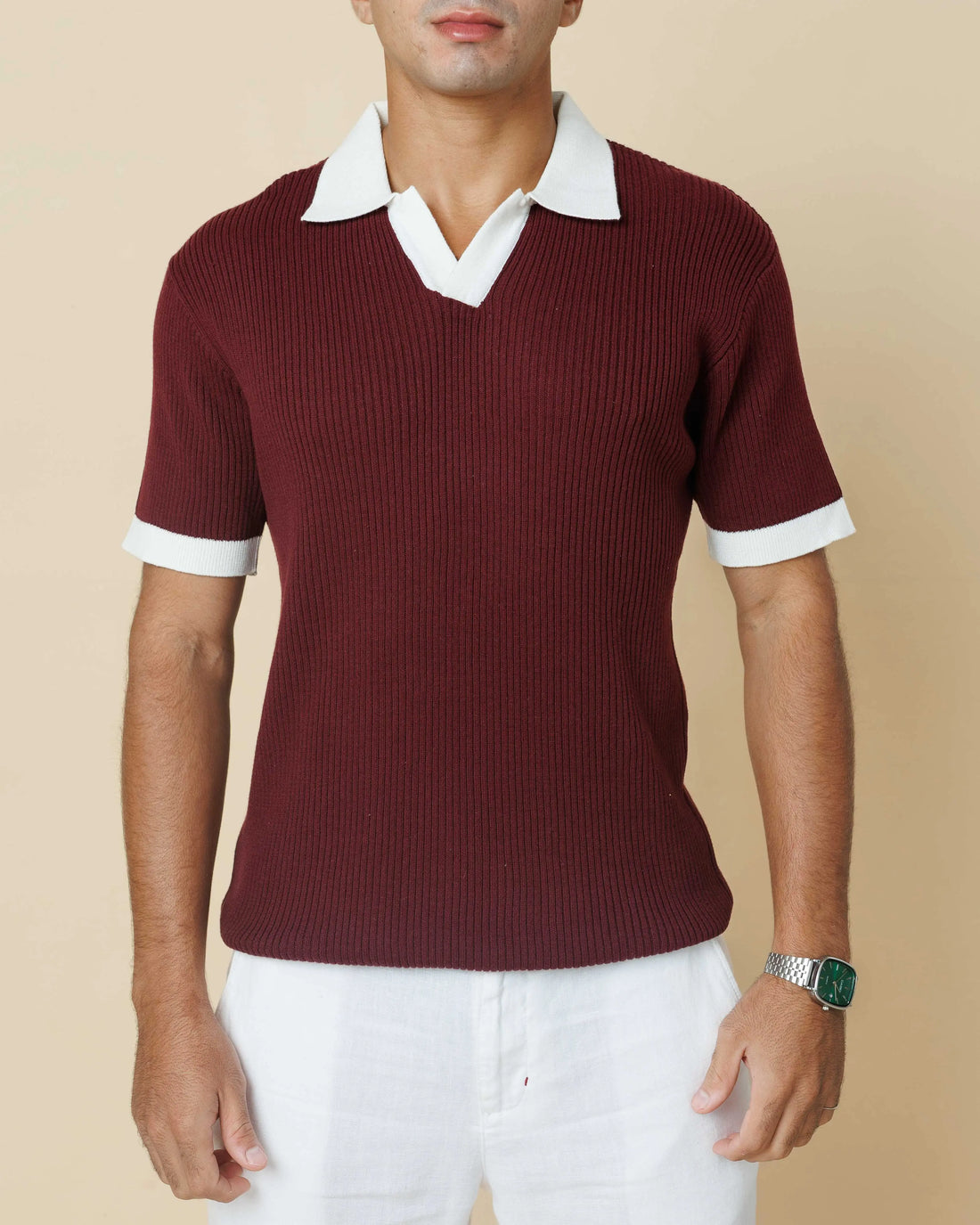 Contrast Knit Johnny Collar Polo Wine-XL-Polo-collar - Legacy London