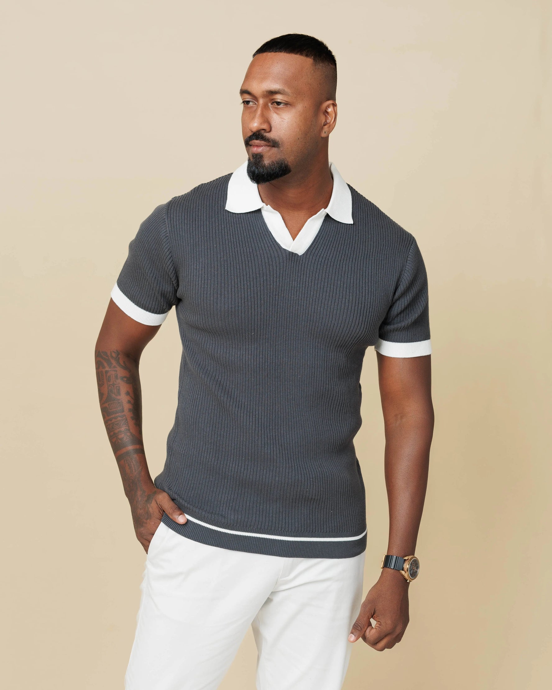 Contrast Knit Johnny Collar Polo Gray-XL-Polo-collar - Legacy London