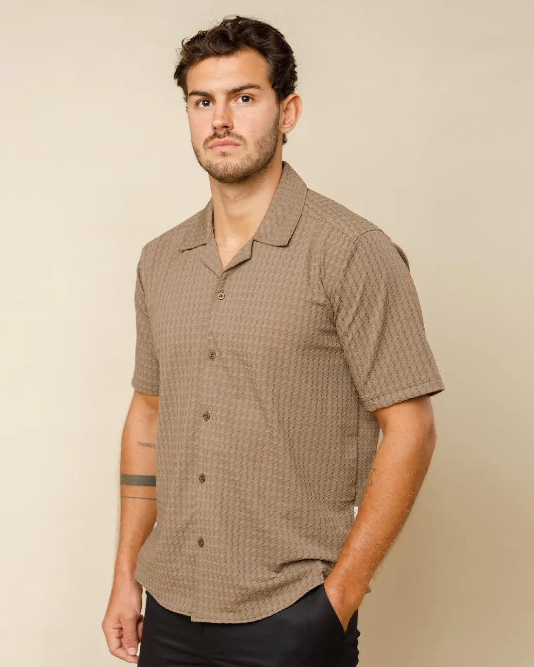 Designer Cuban Collar Shirt Camel-Beige-S - Legacy London