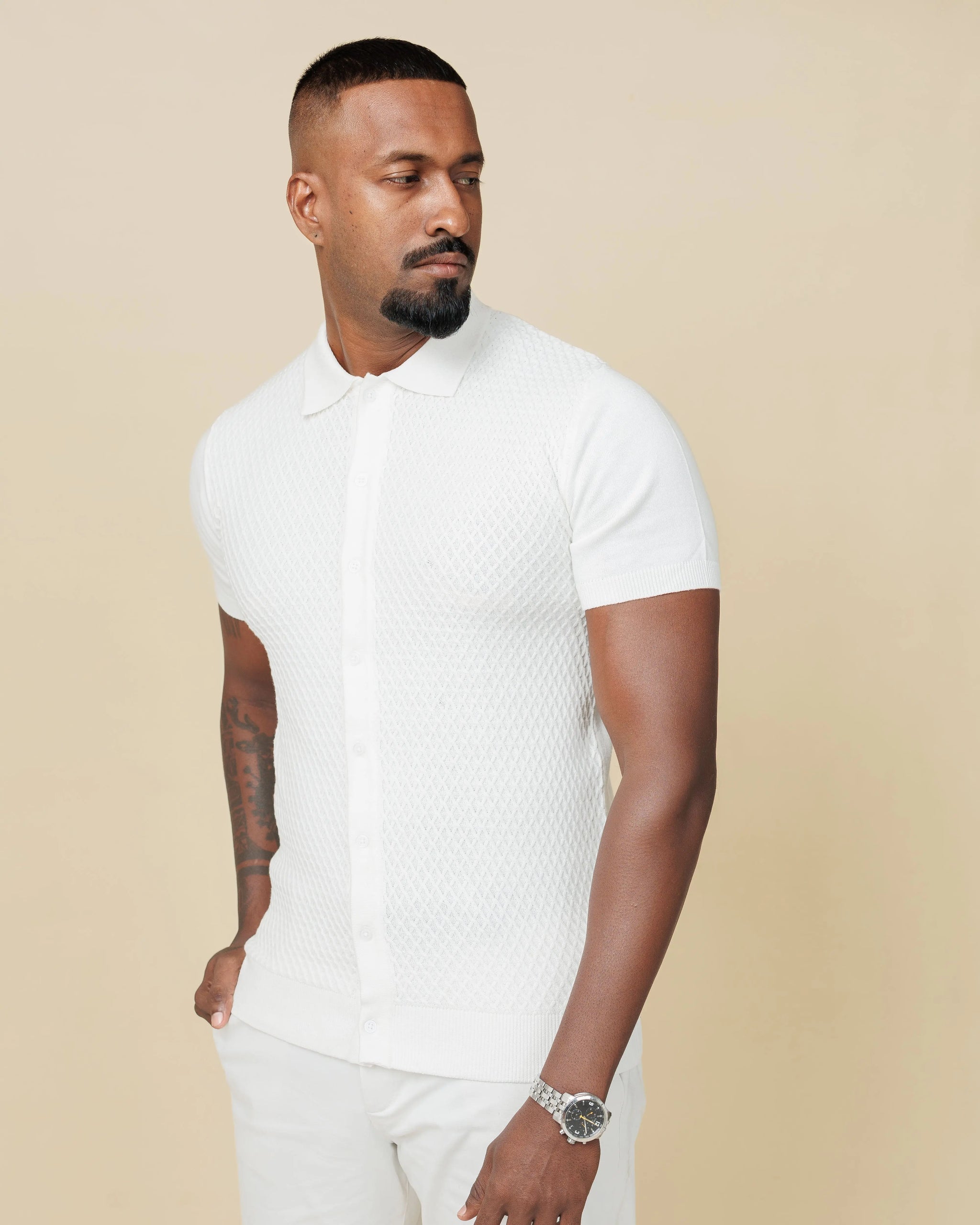 Diamond Weave Heritage Polo – Buttoned Edition White-XL - Legacy London