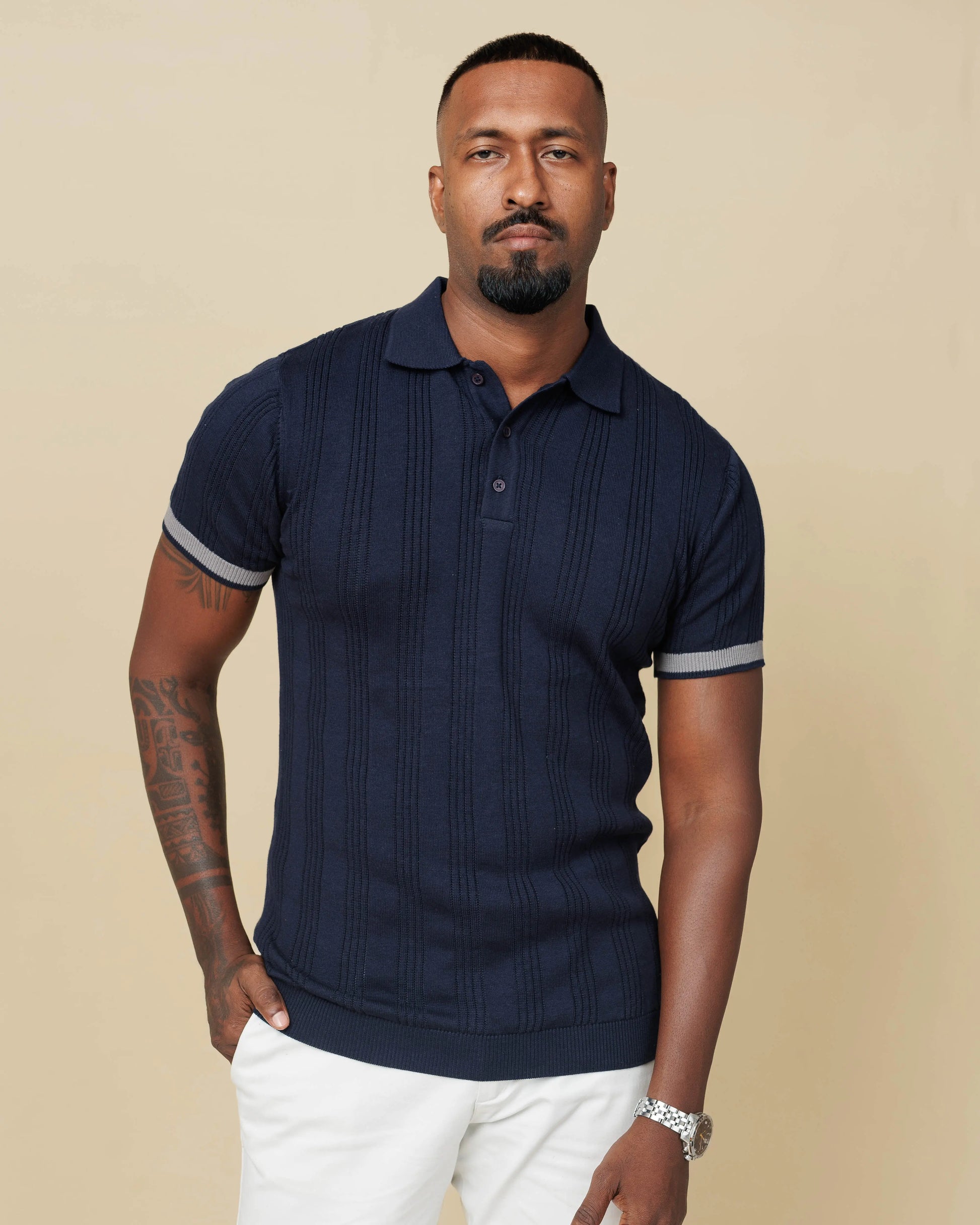 Drop Needle Flatknit Polo Navy-Blue-XL - Legacy London
