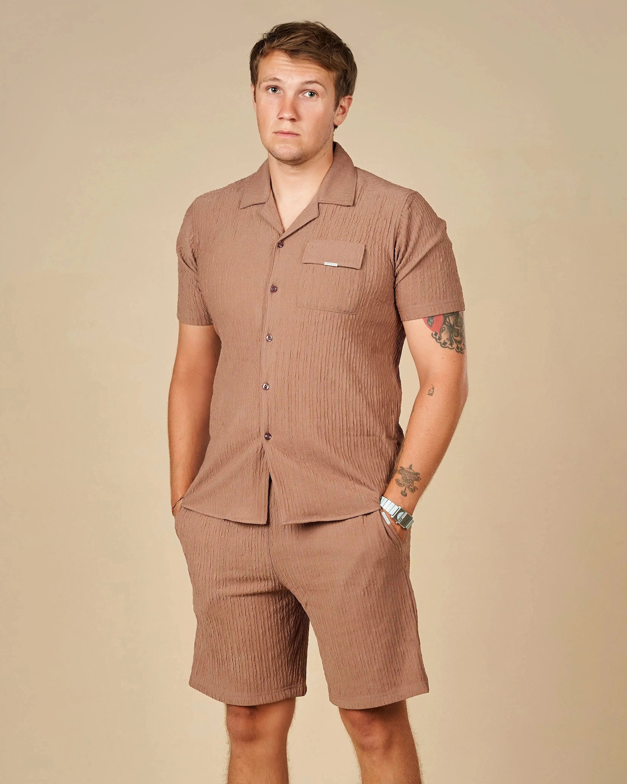 Legacy London Cuban Shirt & Shorts Co-Ord Set Camel Beige / XXL - Legacy London