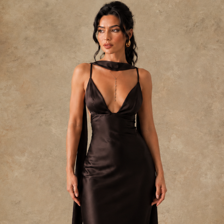 Mount Street Satin Scarf-Neck Maxi Dress  - LCY London