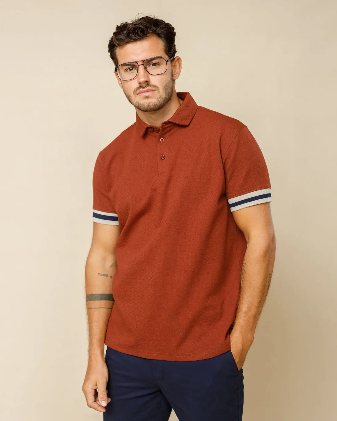 Premium Jacquard Polo Rust-Brown-XXL - Legacy London