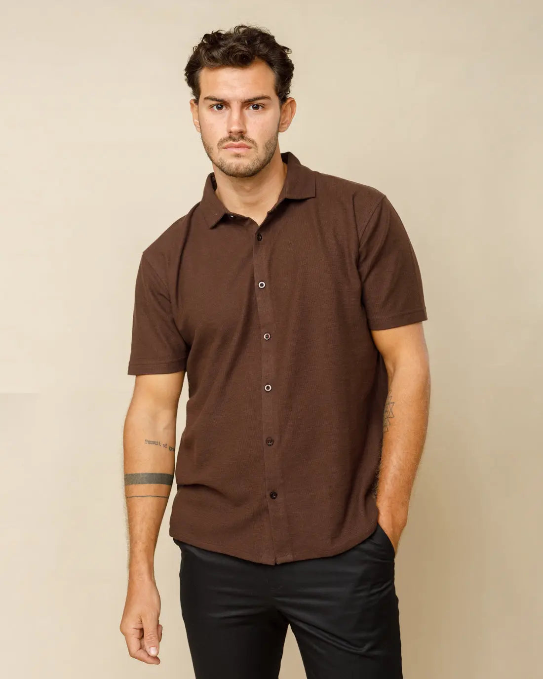 Spread Collar Button Down Shirt Brown-XL - Legacy London