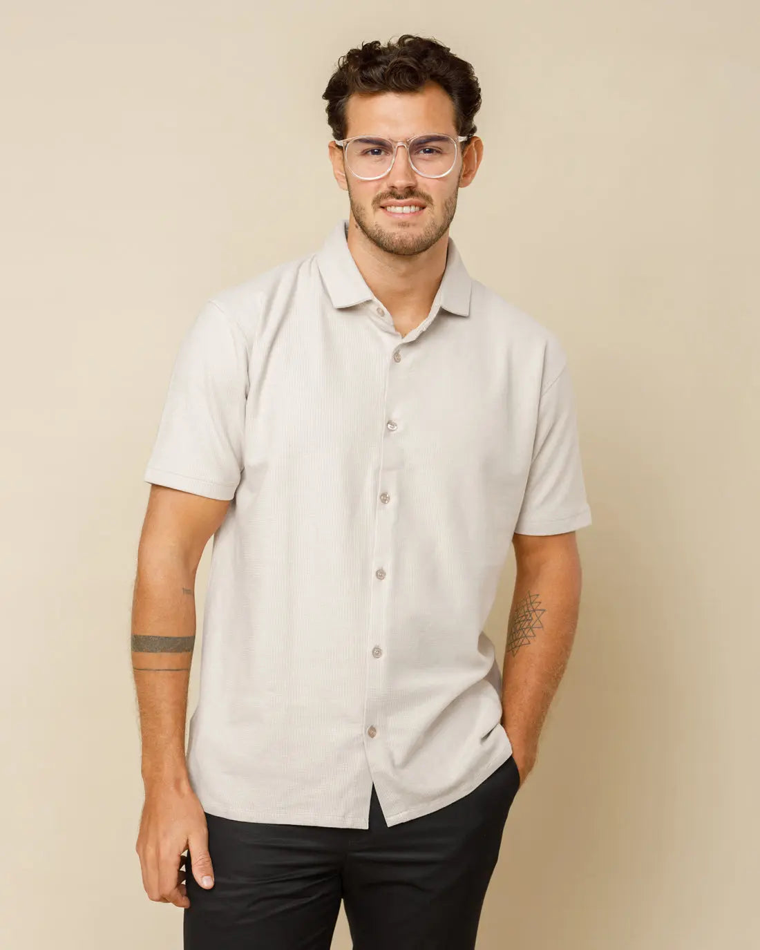 Spread Collar Button Down Shirt Beige-XL - Legacy London