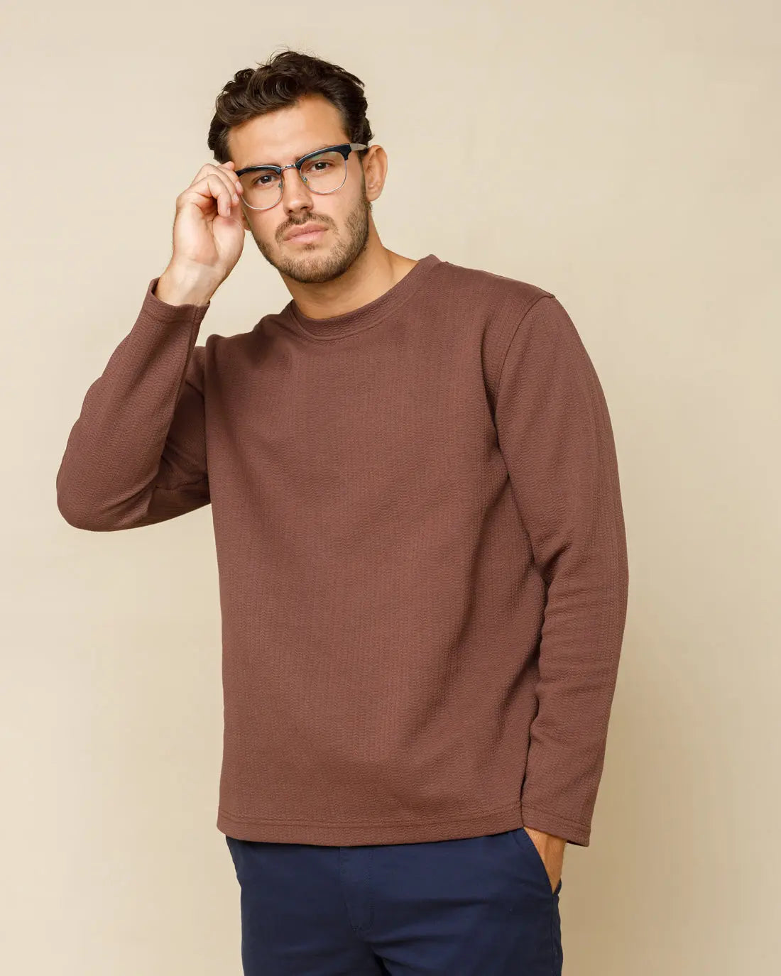 Textured Crewneck Jumper Brown-XXL - Legacy London