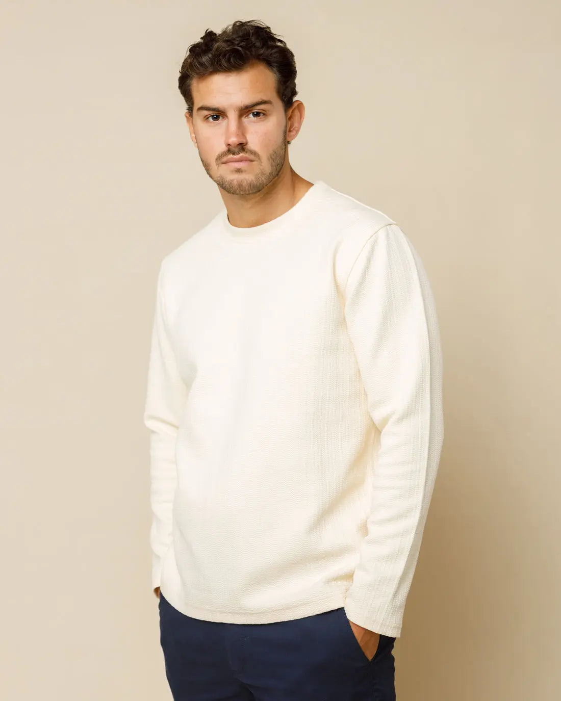 Textured Crewneck Jumper Cream-XXL - Legacy London