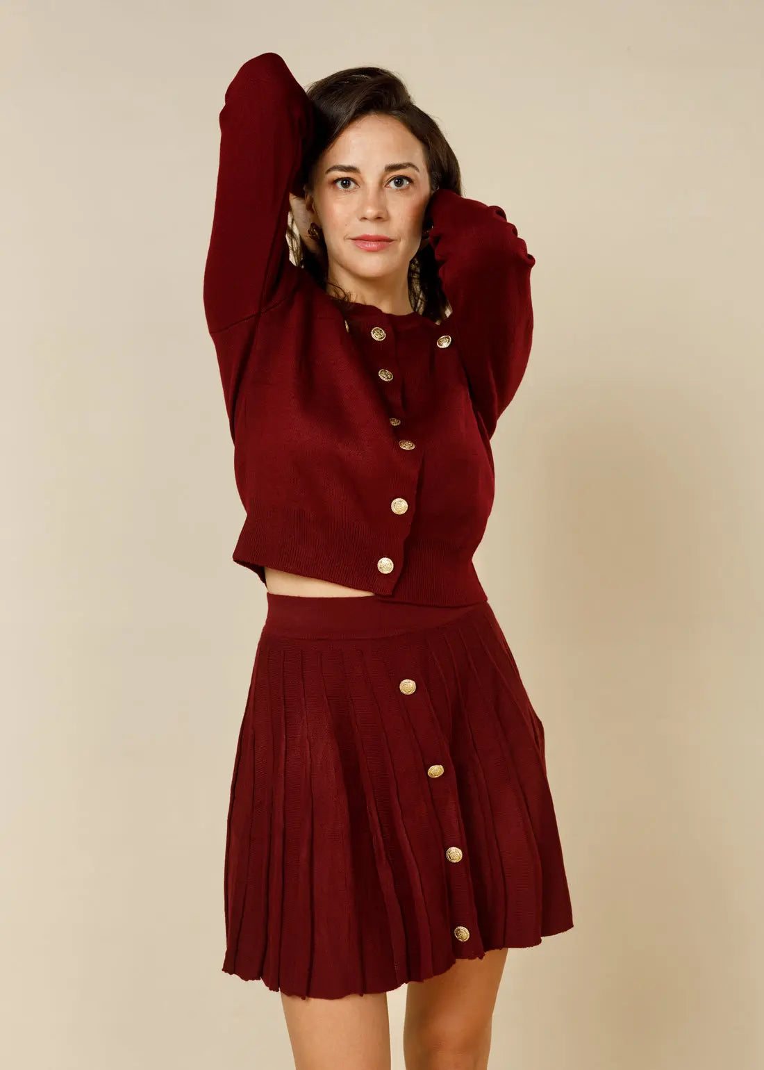 The Windsor Knit Blouse & Mini Skirt One-size-Maroon - Legacy London