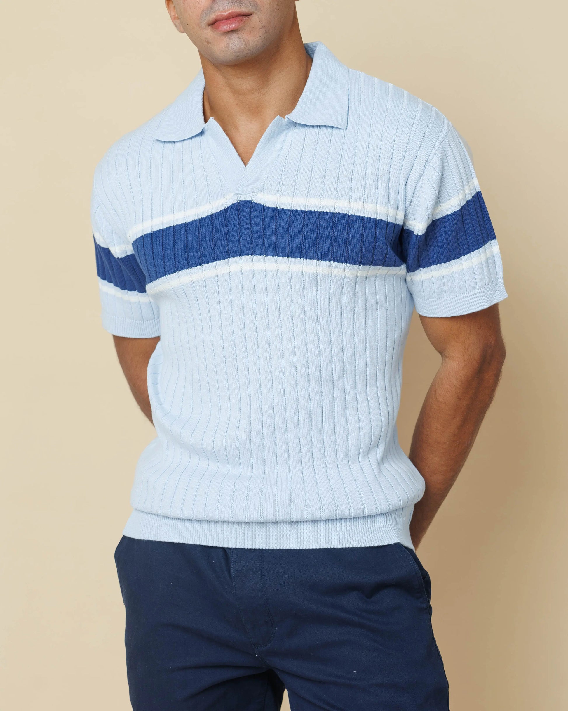 Vintage Striped Flat Knit Cotton Polo Sky-Blue-XL - Legacy London