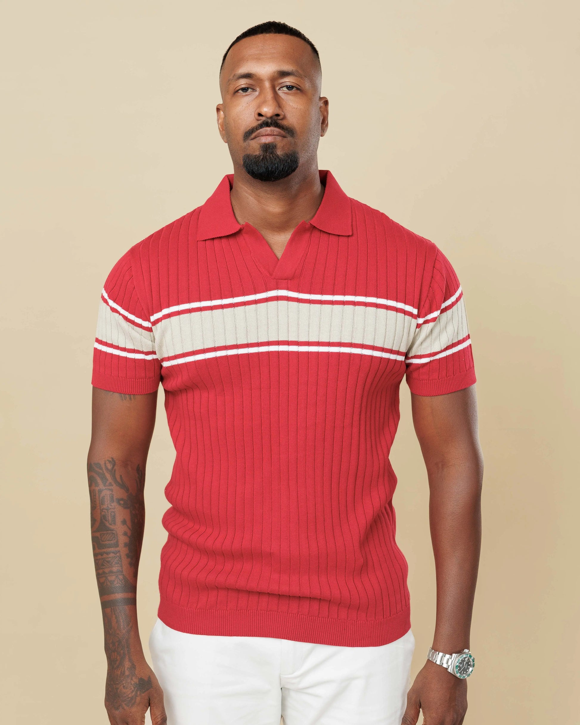 Vintage Striped Flat Knit Cotton Polo Red-XL - Legacy London