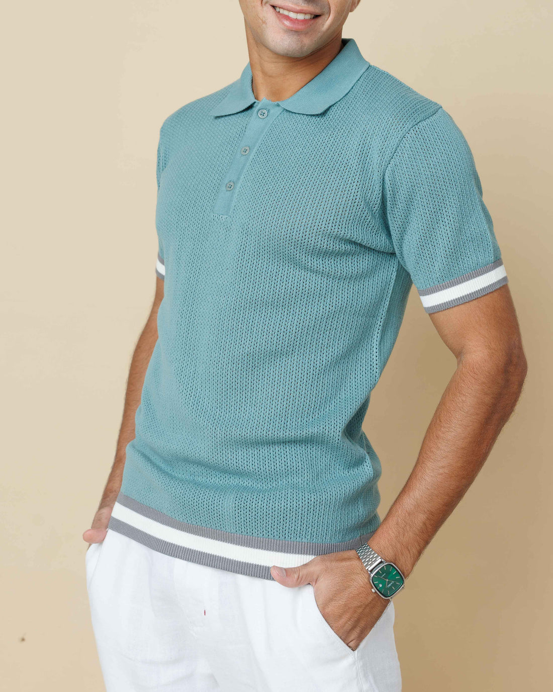 Zig Zag Jacquard Cotton Polo Sea-Green-XL - Legacy London