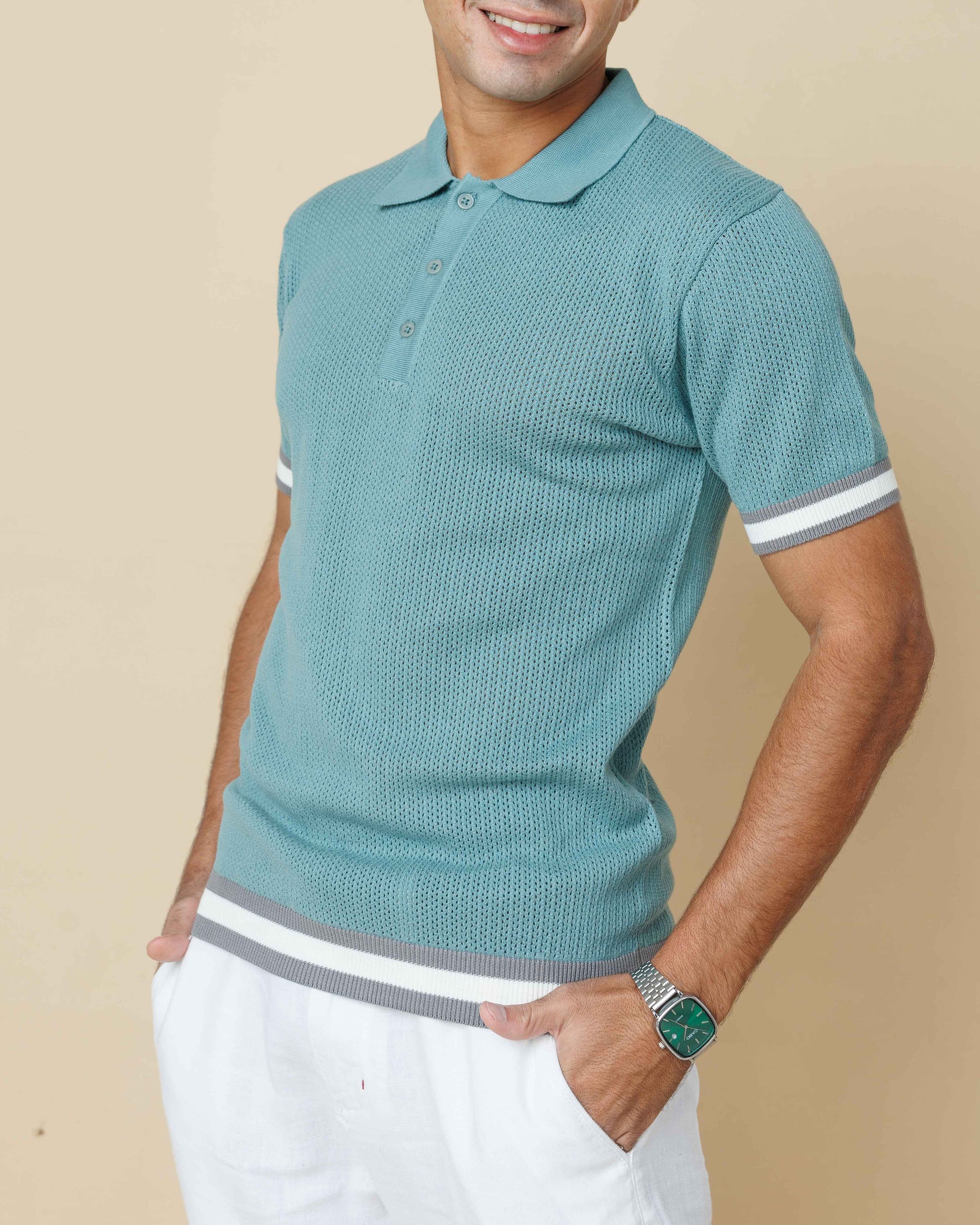 Zig Zag Jacquard Cotton Polo Sea-Green-XL - Legacy London