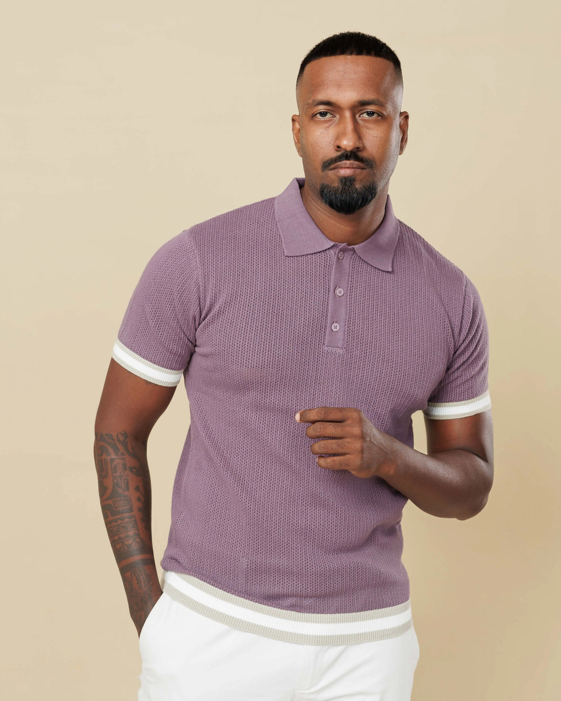 Zig Zag Jacquard Cotton Polo Lavender-XL - Legacy London