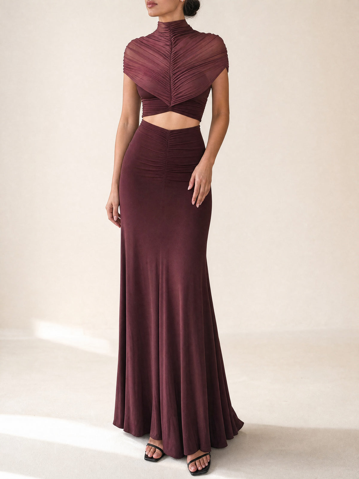 Audley Ruched Fishtail Maxi Dress, front view - Legacy London