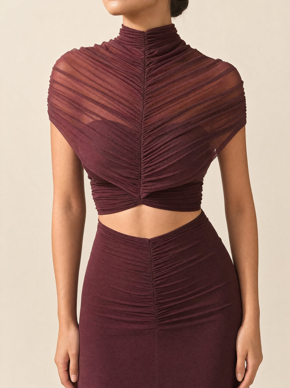 Audley Ruched Fishtail Maxi Dress, ruched mesh top detail - Legacy London