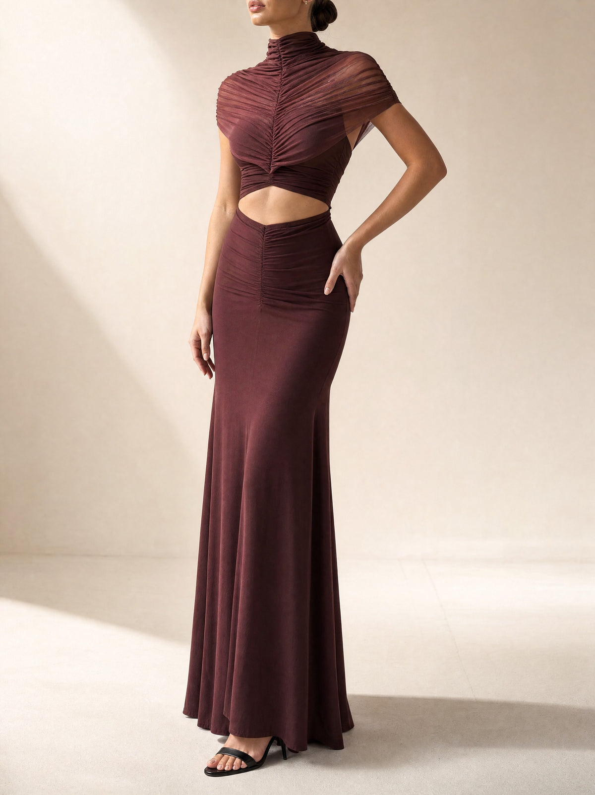 Audley Ruched Fishtail Maxi Dress, three-quarter view - Legacy London