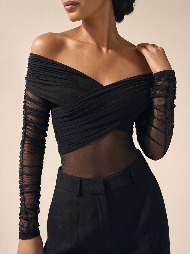 Davies Mesh Bodysuit and Tailored Trousers, ruched sleeve detail - Legacy London