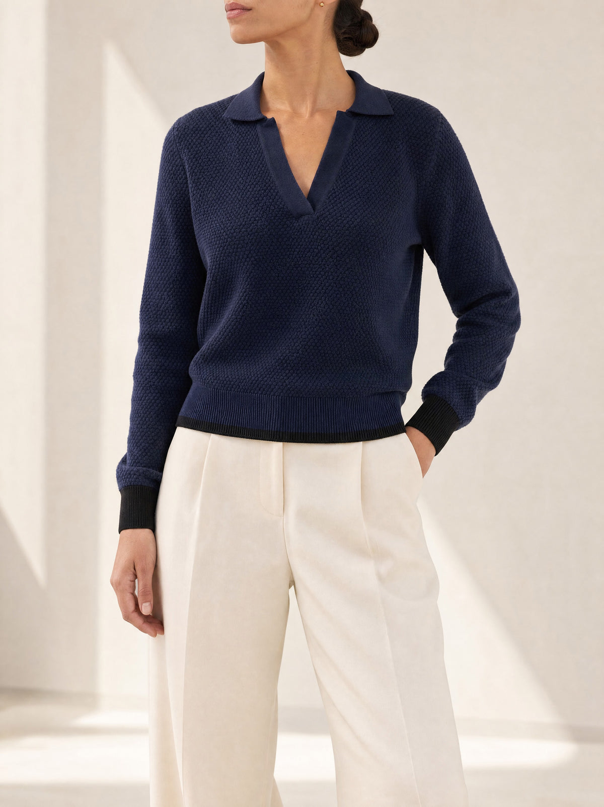 Florence Johnny Collar Knit Top in Navy, front view - Legacy London