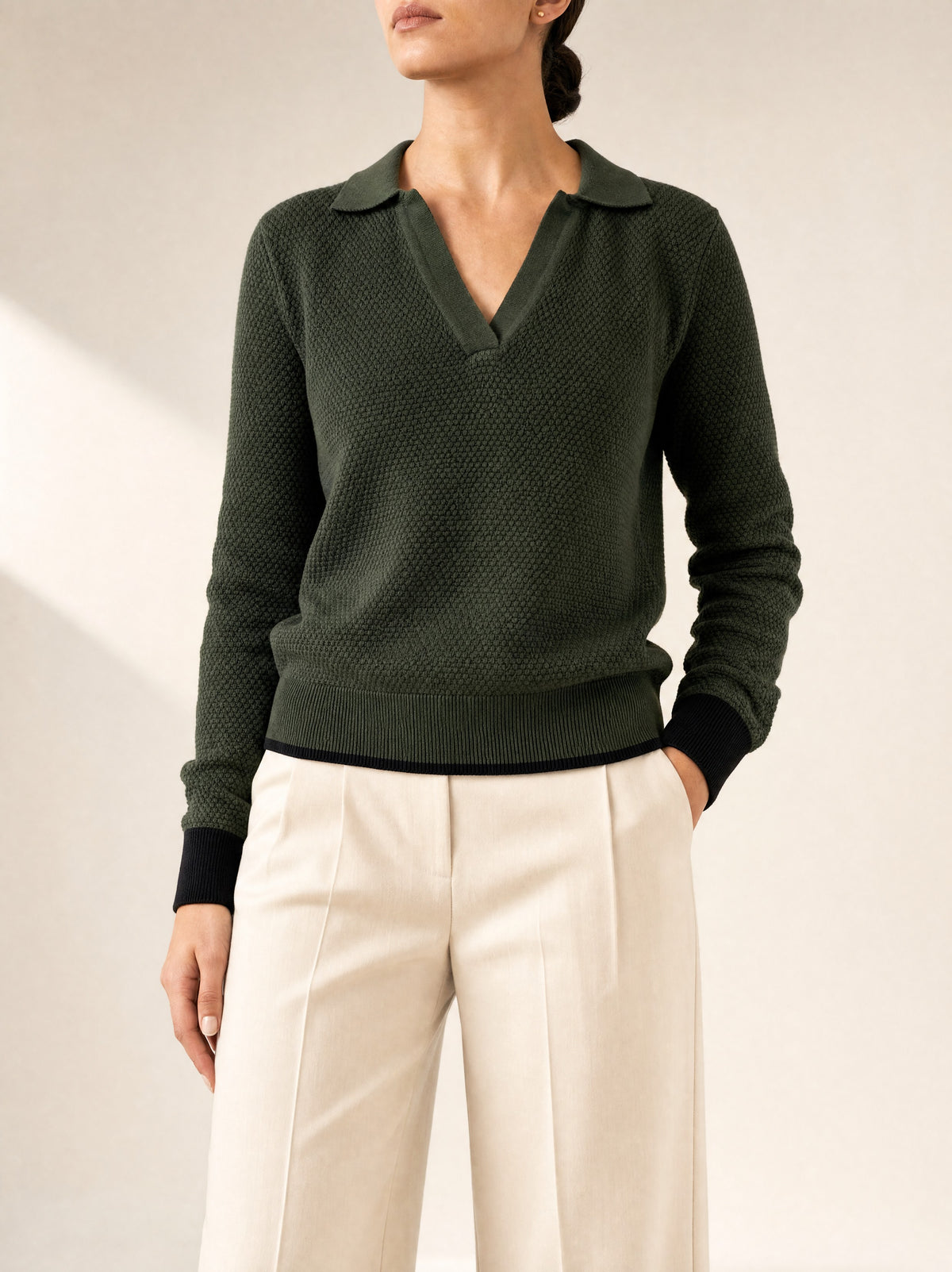 Florence Johnny Collar Knit Top in Pine Green, front view - Legacy London