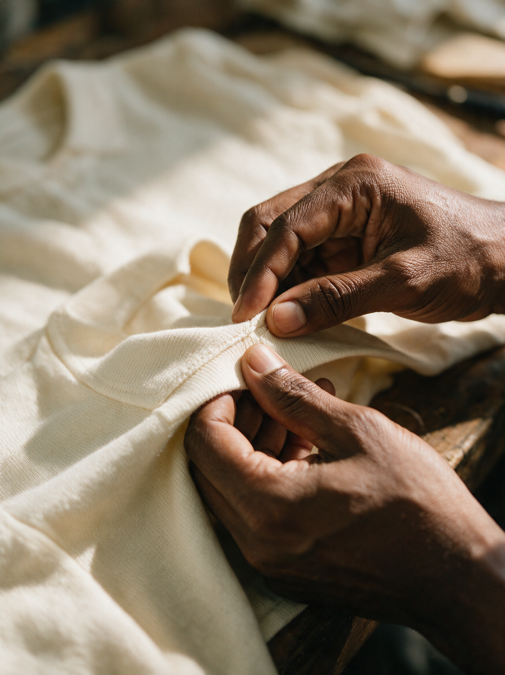 Artisan hands finishing a collar seam on cream cotton knitwear — Legacy London made in Sri Lanka