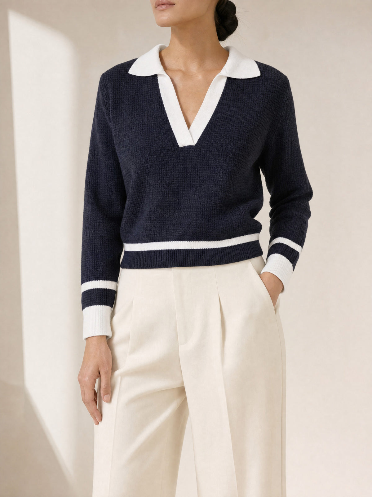 Ladies Contrast Collar Long Sleeved Polo, front view - Legacy London