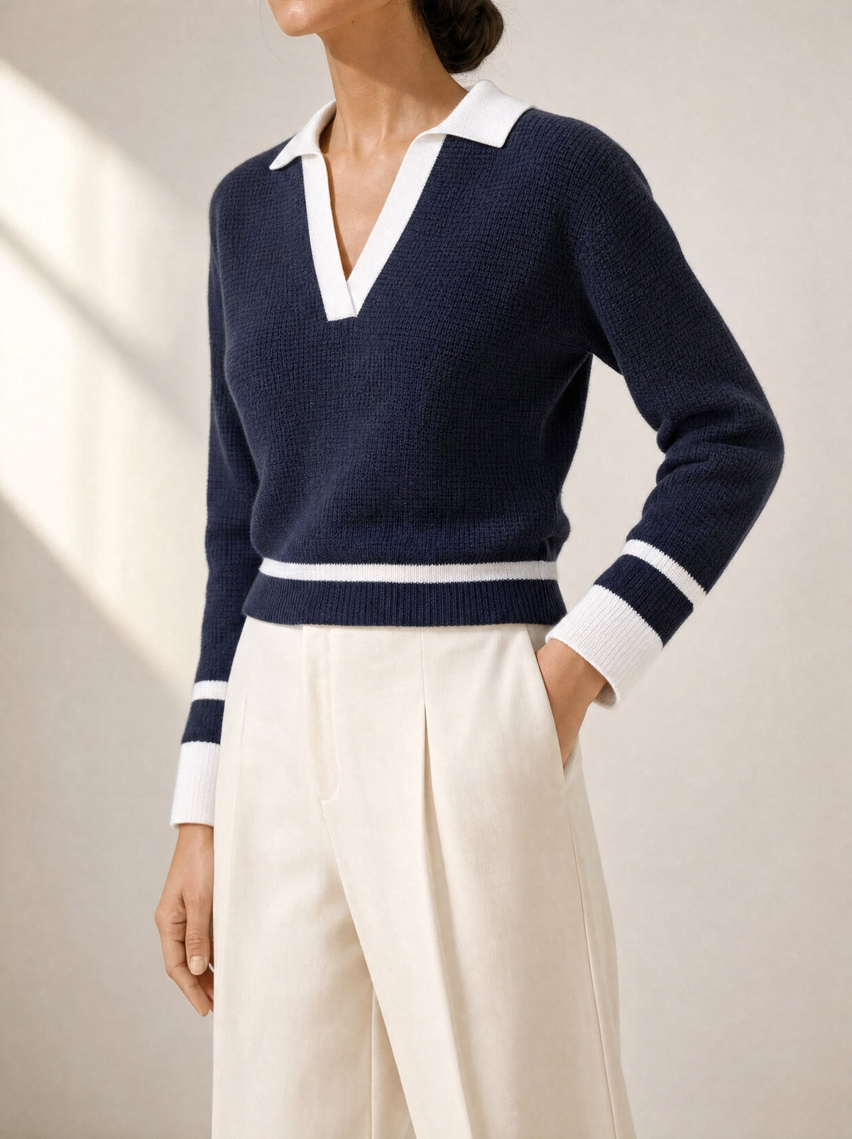 Ladies Contrast Collar Long Sleeved Polo, three-quarter view - Legacy London